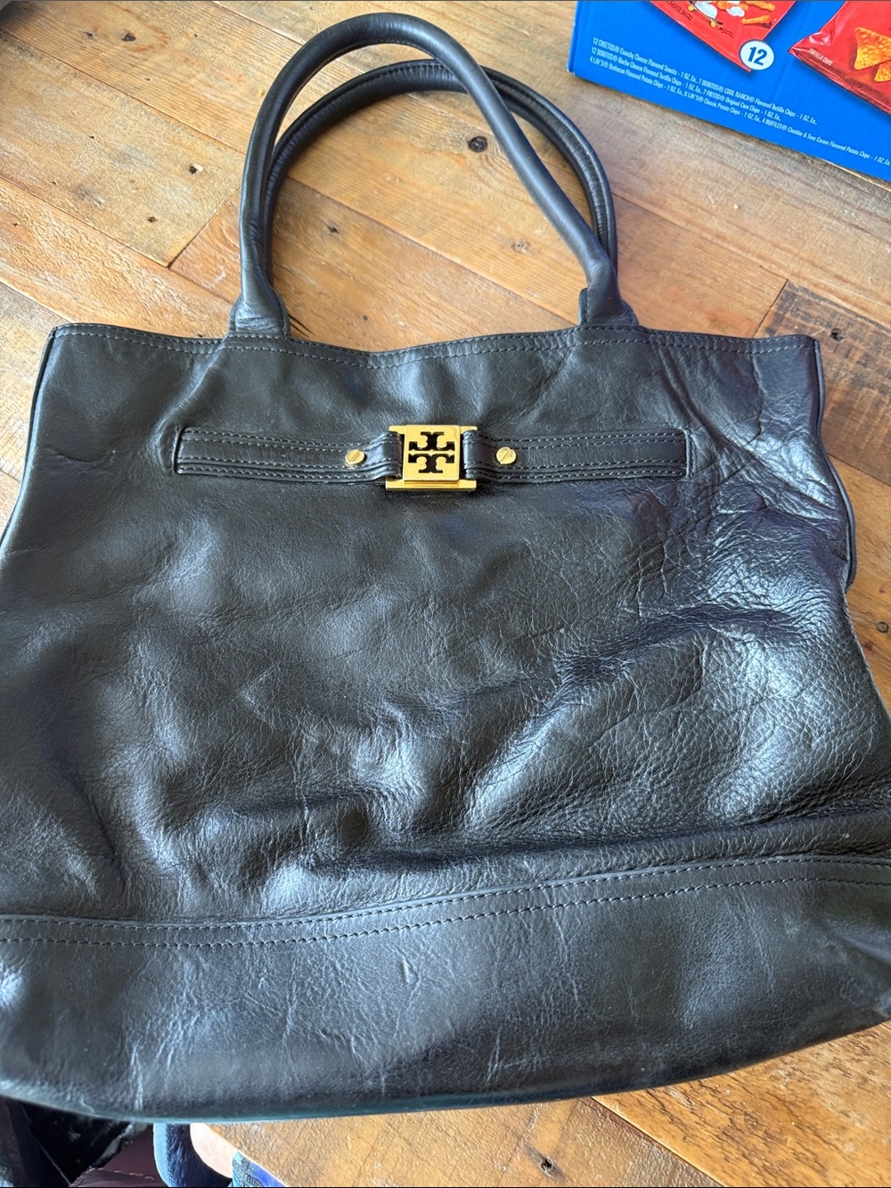 Tory Burch Black Leather Shoulder Tote with Gold Logo Hardware